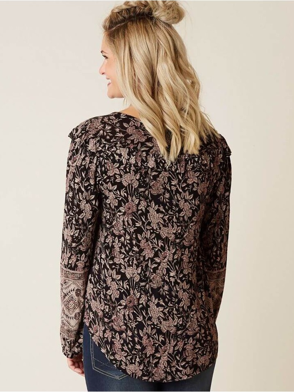 Lucky Brand Raw Edge Ruffle Floral Blouse 2XL Woodblock Boho Keyhole Top - Picture 2 of 12